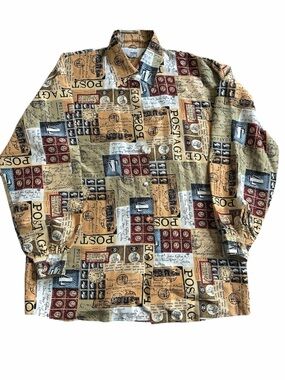 Vintage Ishyu 100% Silk Blouse Postage Stamp Print Button Front Artsy Size 6